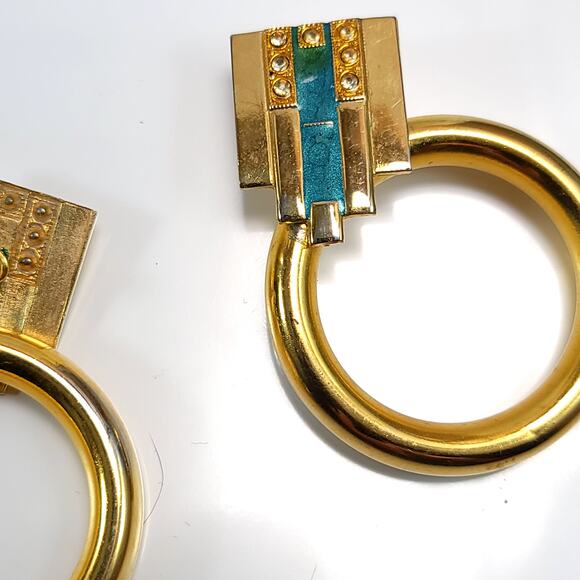 Large Gold Hoop Earrings with Turquoise Accent Retro Statement Jewelry for Women - Picture 9 of 10